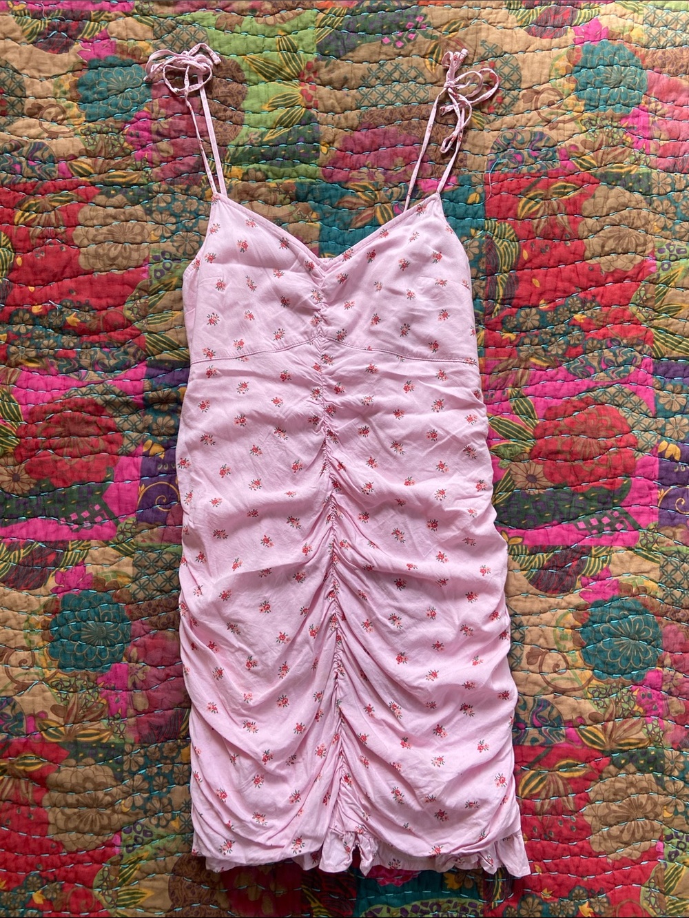 Hollister Pink Floral Ruched Tie-Strap Cotton Mini Dress L